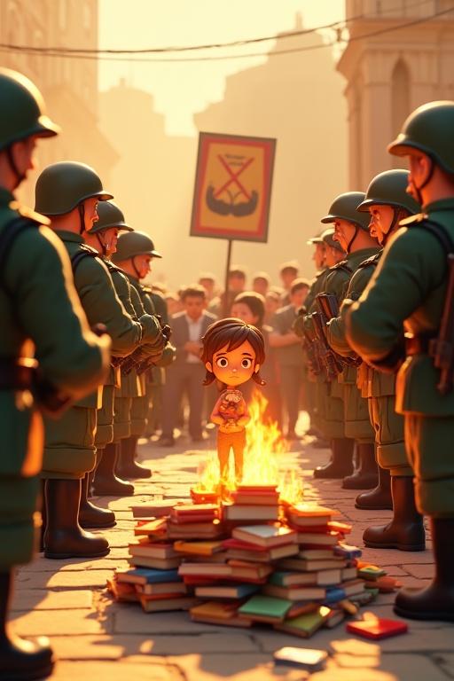 A cartoon scene in a Pixar-style animated universe. In a public square, cartoon soldiers are burning colorful books. The fire reflects on their emotionless faces. Civilians stand frozen, showing fear. In the background, a poster shows a crossed-out book symbol. A young girl hides behind a column, clutching a doll and watching. Golden sunlight pierces through smoke, casting shadows. Highly stylized design with vivid colors and 8K quality.