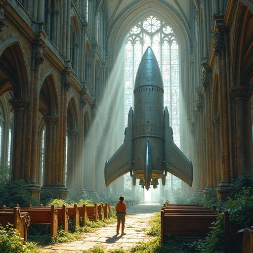 A towering silver rocket ship inside a ruined gothic cathedral. Light rays cut through stained glass windows and dust. Vines grow along pews and engine coils. A child sketches the scene in a notebook. Surreal art style with rich architectural details.