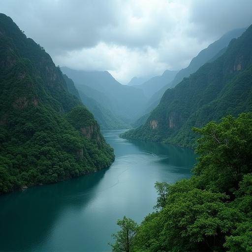 A winding clear river flows through a valley with steep peaks. The banks are covered in dense green plants. Thick dark clouds cover the sky, suggesting rain. The scene evokes a sense of mystery and tranquility in a natural paradise.