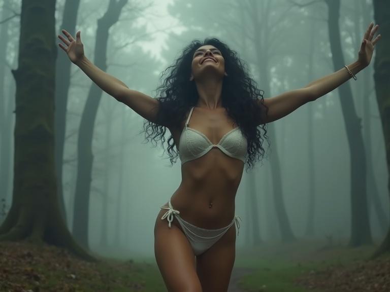Woman with curly black hair dances in misty forest. She wears white underwear. The scene is tranquil and enchanting with soft lighting and green trees surrounding her.