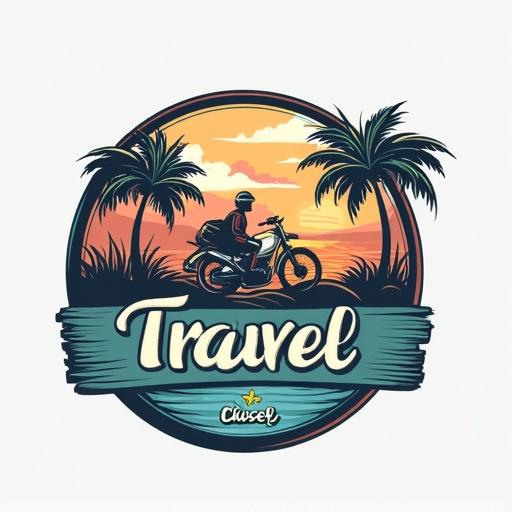 Logo design for a travel YouTube channel featuring a motorbike with line art. A badge-style logo with sunset and palm trees.