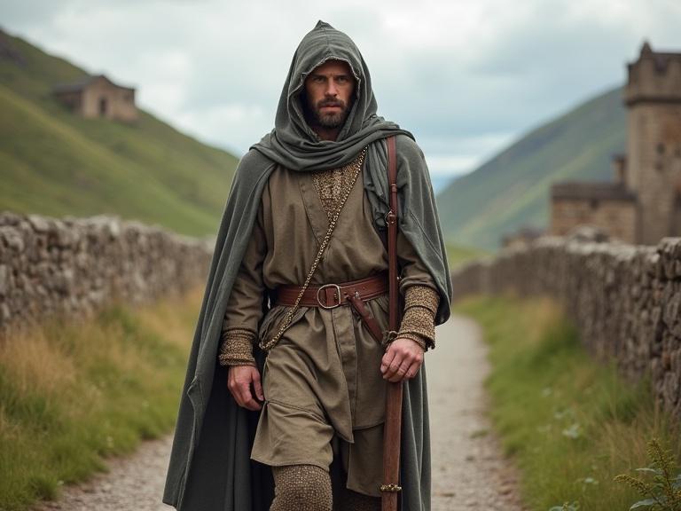 Frontal view of a medieval pilgrim on the Camino de Santiago. The pilgrim wears travel clothing, holds a long staff, and carries a large white seashell around the neck.
