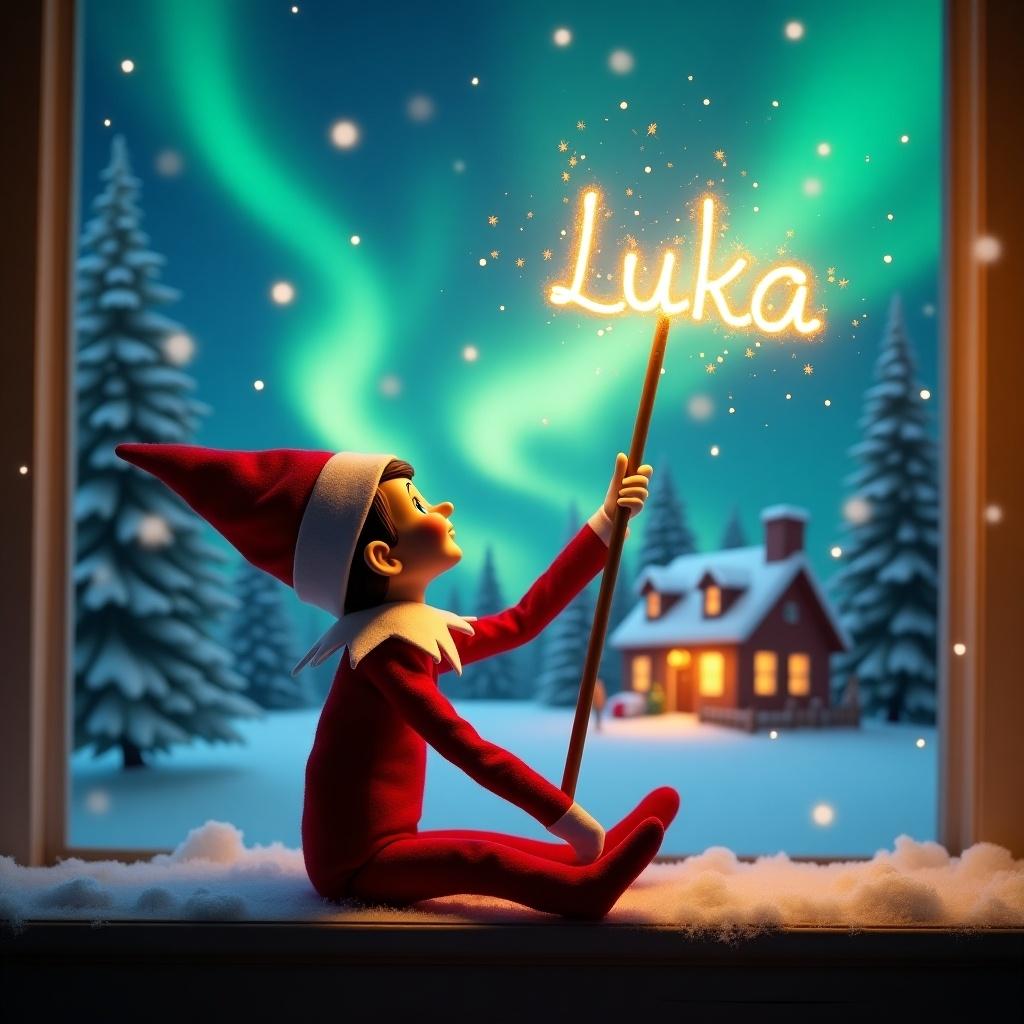 Elf on the shelf gazes skyward. Holds glowing wand emitting sparkling light. Background shows Christmas scene with colorful northern lights. Cozy decorated house in distance. Snow covers ground. Elf embodies magic and wonder of Christmas. Name 'Luka' written in air with wand.