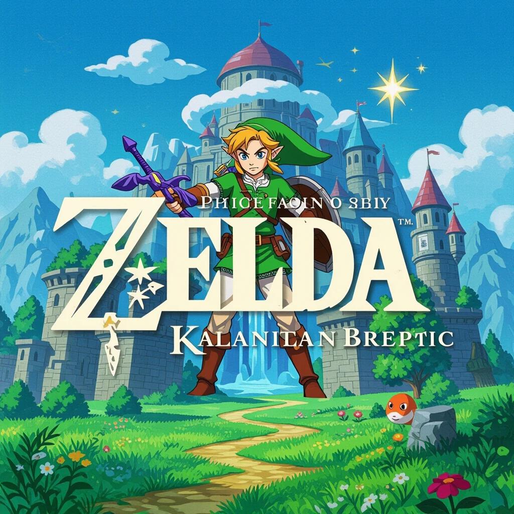 A colorful illustration featuring a heroic character with pointed ears. The character holds a sword and shield. A majestic castle is located in the background. The environment includes rolling hills and a cheerful atmosphere.