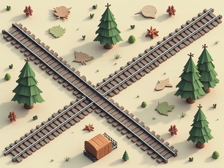 2D design showing intersecting railroad tracks in a natural setting. Incorporates trees and leaves. Ideal for planning and illustrating railroad layouts.