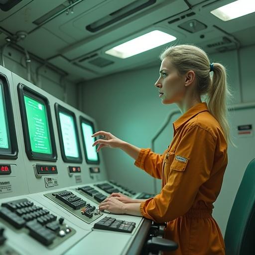 A female technician in a jumpsuit inside a high-tech control room. She gestures towards a flickering display. The room has modular design with white and grey consoles and green CRT screens. Even bright lighting enhances the utilitarian feel. A mid-level shot captures the sense of urgency and isolation.