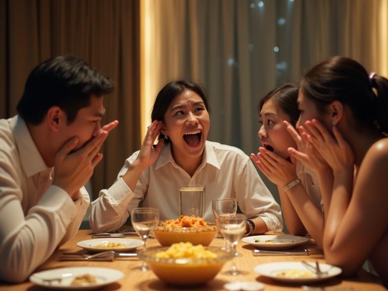 Ultra realistic photo featuring a group of Asian hotel guests reacting with shock and fear at their food during dinner. The setting has soft lighting and a dining table filled with various dishes.