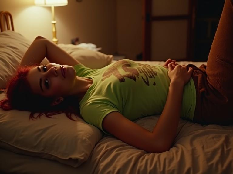 Screenshot from a home movie. Depicts a dimly-lit bedroom with warm lighting. A woman lies on her back on a bed with a smirk. She has messy dark red pigtails. Wearing a tight lime-green T-shirt with design. Long brown corduroy bellbottom trousers. Black socked feet.