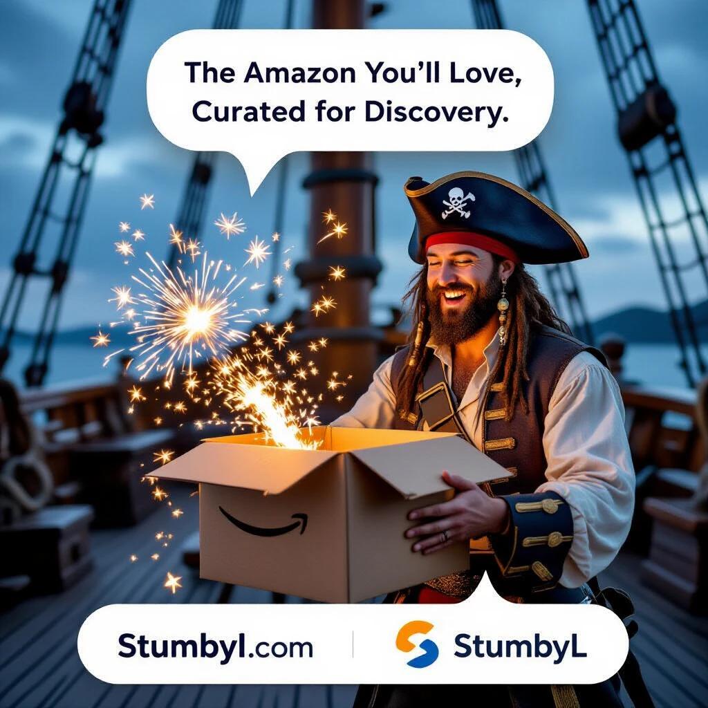 A pirate on a ship joyfully opening an Amazon box. Fireworks burst out of the box. The slogan is visible. StumbyL logo is featured in the design.