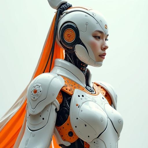Realistic depiction of a female Android robot warrior inspired by the Silla Dynasty in a fighting stance. Represents cybernetic guardianship of culture and emotion in a technological era. Striking visuals with a blend of white and orange colors and sharp textures symbolize the evolution of Korean identity.