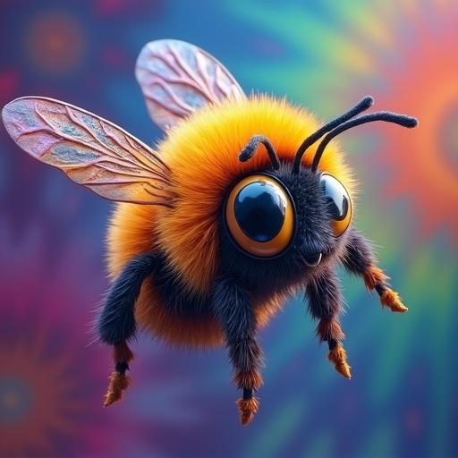 A bumblebee in mid-flight. Bee is fluffy with an orange-yellow body. Bands of deep blue and purple swirl on its body. Fur has intense color gradients. Bee features large eyes dark with yellow-orange rings. Antennae are dark and curved. Wings are translucent with swirling patterns. Background is a psychedelic swirl of colors. Style resembles 1960s psychedelic art.