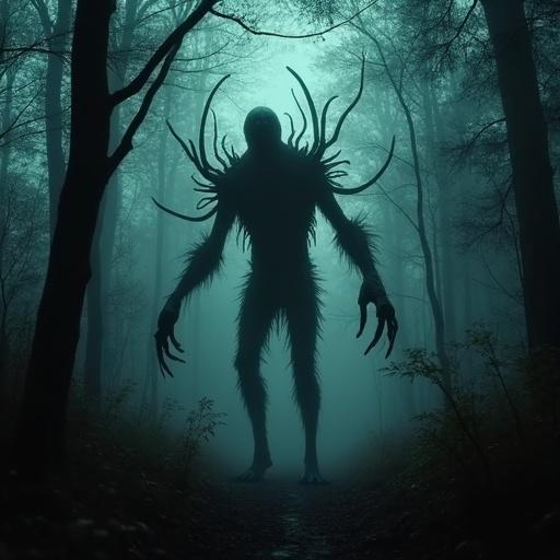 Image of an eldritch monster in a dense forest at night. The creature appears bipedal and gaunt, with long limbs and sharp claws. The image exhibits film grain and glitching effects.