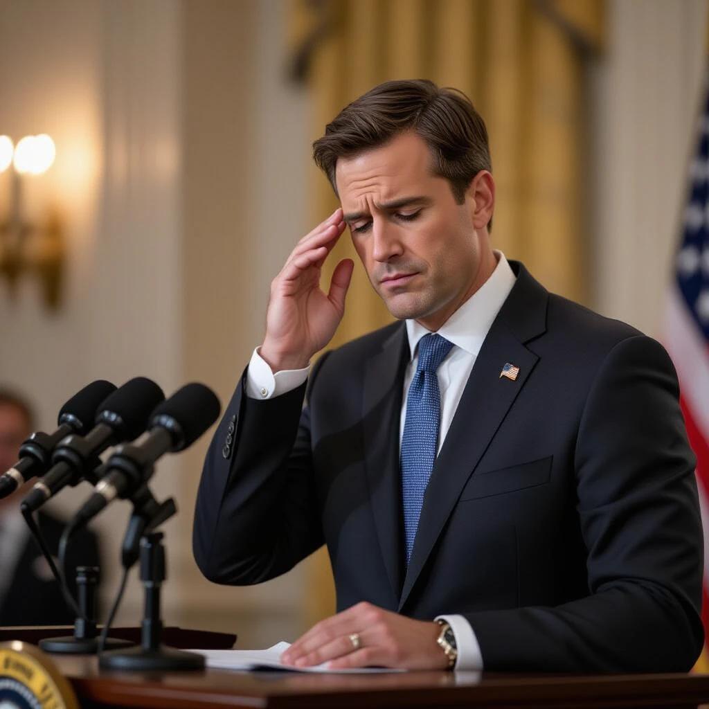 A man stands at a presidential podium. He wears a formal suit. He looks confident at first then sweats profusely. He glances at his notes, appears flustered, wipes his brow. The background shows a blurry official-looking room with cinematic lighting.