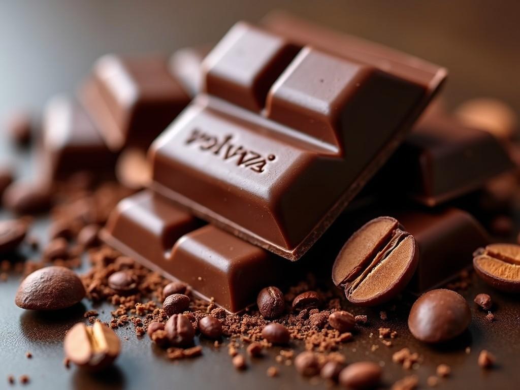 The image showcases an enticing arrangement of dark chocolate bars and coffee beans. The chocolate is smooth and glossy, with its recognizable logo. Surrounding the chocolate are scattered coffee beans and cocoa powder, enhancing the gourmet feel. Soft lighting highlights the textures of the chocolate and coffee. This composition evokes the indulgent experience of enjoying chocolate and coffee together.