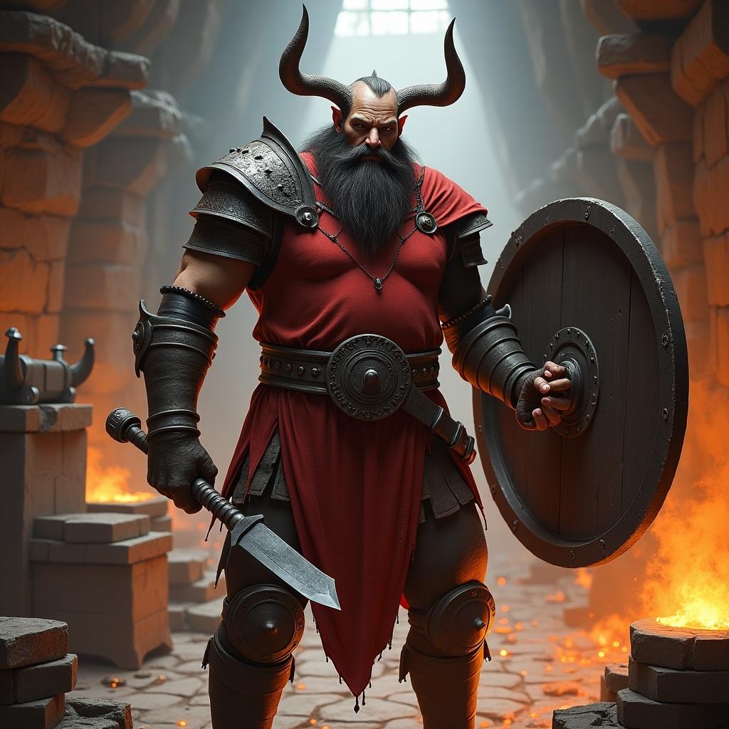 Skinny male human depicted as a blacksmith inspired by Ornn. Character wears red heavy armor. Has two prosthetic arms and a goatee. Holds a tower shield. Background has flames and medieval style elements.