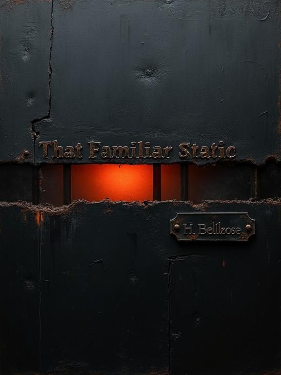 Dark minimalist oil painting with textured black background. Center has damaged film negative showing dim red-orange glow. Distressed black metal plaque at top shows title. Crooked nameplate with the name at bottom right. Overall dark palette with emphasis on textures. Moody and cinematic tone.