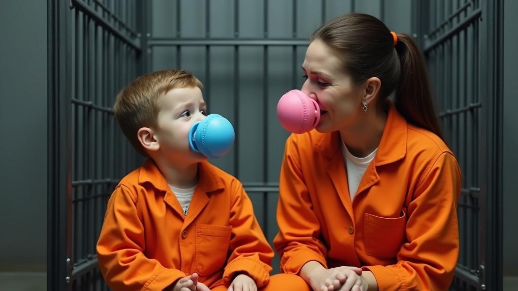 A mother and her 6 year old son are in a jail cell. Both wear orange jumpsuits and oversized pacifiers. The child has a blue pacifier, mother has a pink one. Mother pretends to be sad but they are happy to spend time in prison. Son shows mother his drawing of being behind bars.
