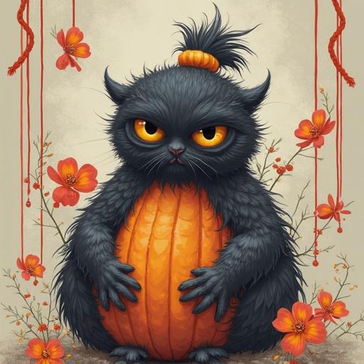 A cartoonish black creature with orange eyes and spiky fur holding a pumpkin. Surrounding flowers create an autumn theme. A whimsical style is evident.