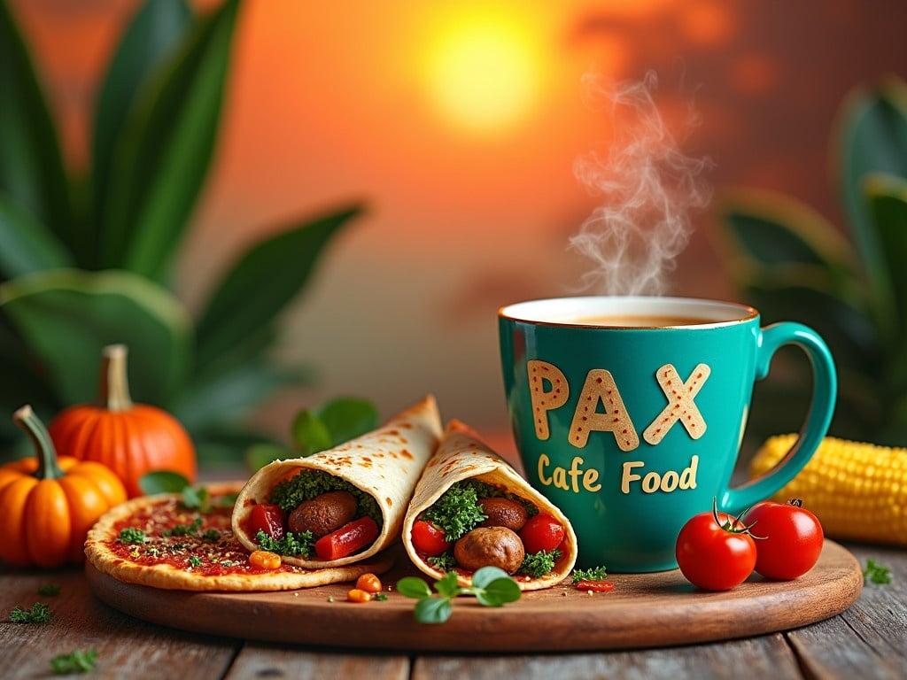 The image shows a vibrant café scene featuring the words 'PAX Cafe Food' prominently. The displayed food includes a large turquoise cup of steaming coffee, placed next to a wooden platter. On the platter, there are two delicious wraps filled with herbs and spices, replacing the tomatoes originally found. The backdrop has a colorful, warm sunset with rich greens from the tropical plants. The pizza slices are now loaded with mushrooms and topped with chorizo, creating a mouth-watering appearance. There's also some corn and mini pumpkins scattered around the setting, enriching the visual appeal. The overall composition is inviting and appetizing, creating a sense of warmth and comfort.