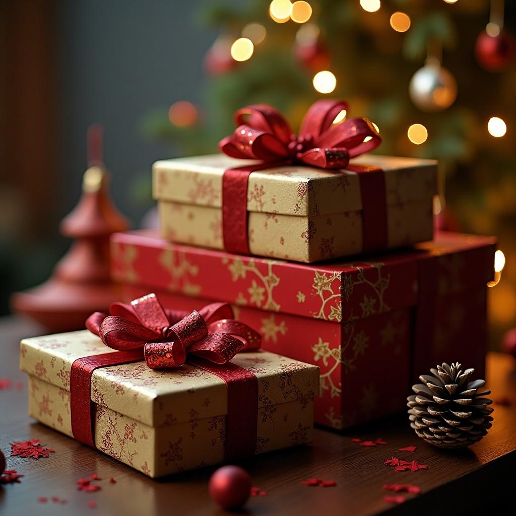 Decorative gifts stacked with red bows. Presents wrapped in gold and red paper. Background features a Christmas tree with lights. Cozy holiday atmosphere.