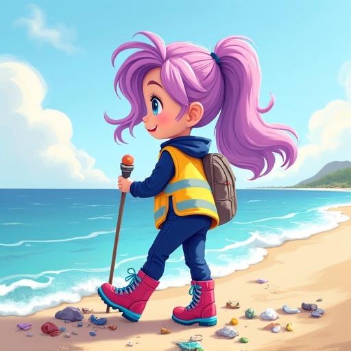 Cartoon girl with cerise to grayish violet hair and light blue highlights. She is at the beach collecting litter. Wearing a hi-visibility vest, navy blue tracksuit, and shiny cerise hiking boots.