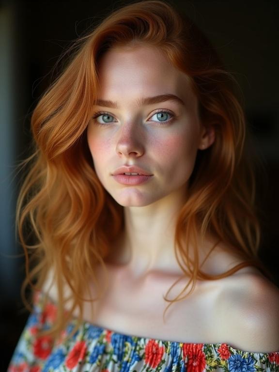 Photograph of a young woman with wavy auburn hair and striking blue eyes. Woman wears an off-the-shoulder floral blouse. Calm expression evokes vulnerability. Soft natural light illuminates her face against a blurred dark background.