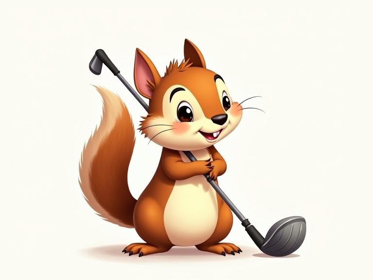 Draw a chipmunk character holding a golf club. The chipmunk is cartoonish with a happy expression. It has a fluffy tail and stands on two legs.