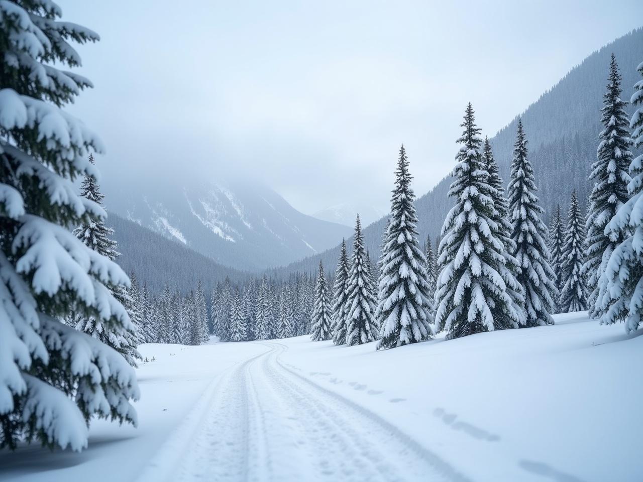 This image captures a serene winter landscape featuring snow-covered trees and distant mountains. A winding path leads through the snow, hinting at the adventure that awaits. The scene is tranquil, with a soft overcast light casting a gentle glow. The foreground shows clear tyre tracks, suggesting previous visitors have enjoyed this beautiful setting. This picturesque view evokes feelings of peace and the beauty of nature in winter.