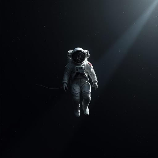 Photorealistic scene of solitary astronaut drifting in deep space. Astronaut is in lower-right quadrant. Vast cosmos is a near-black void with distant stars and a faint, swirling nebula. Weathered spacesuit with scratches and cracked visor glows with glitching HUD. A single dim star casts soft white glow creating shadows. Stark color palette with deep blacks and hints of violet. Subtle cyberpunk details add realism. Composition amplifies loneliness and themes of perseverance.