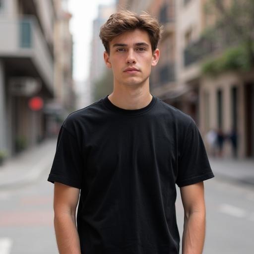 A young man stands on a street. He wears a plain black t-shirt. The background shows city buildings and pavement. The scene is captured in daylight.