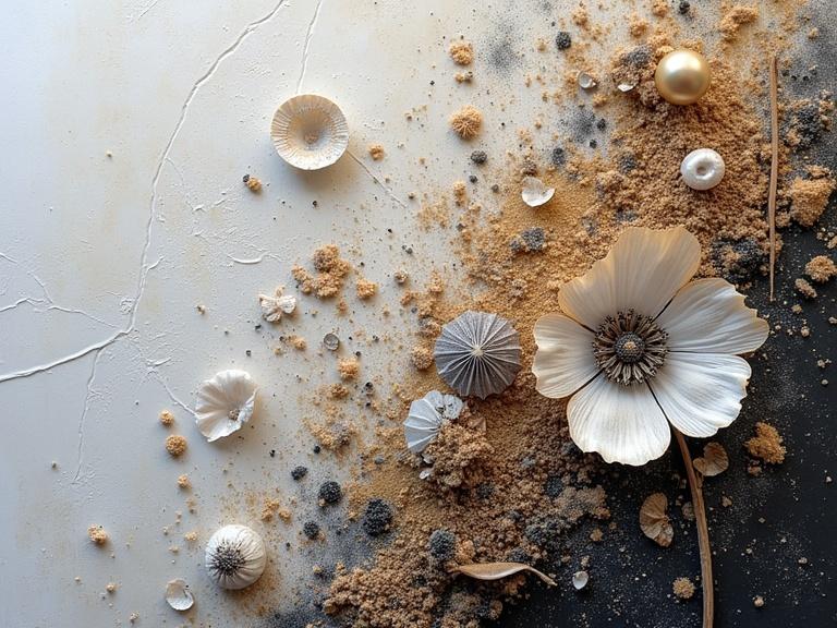 Artistic composition featuring a textured floral arrangement. Collage elements include shells, sand, and decorative items. Mixed media style with an emphasis on depth and texture. A variety of materials create an exquisite visual appeal. Digital art with a close-up focus.