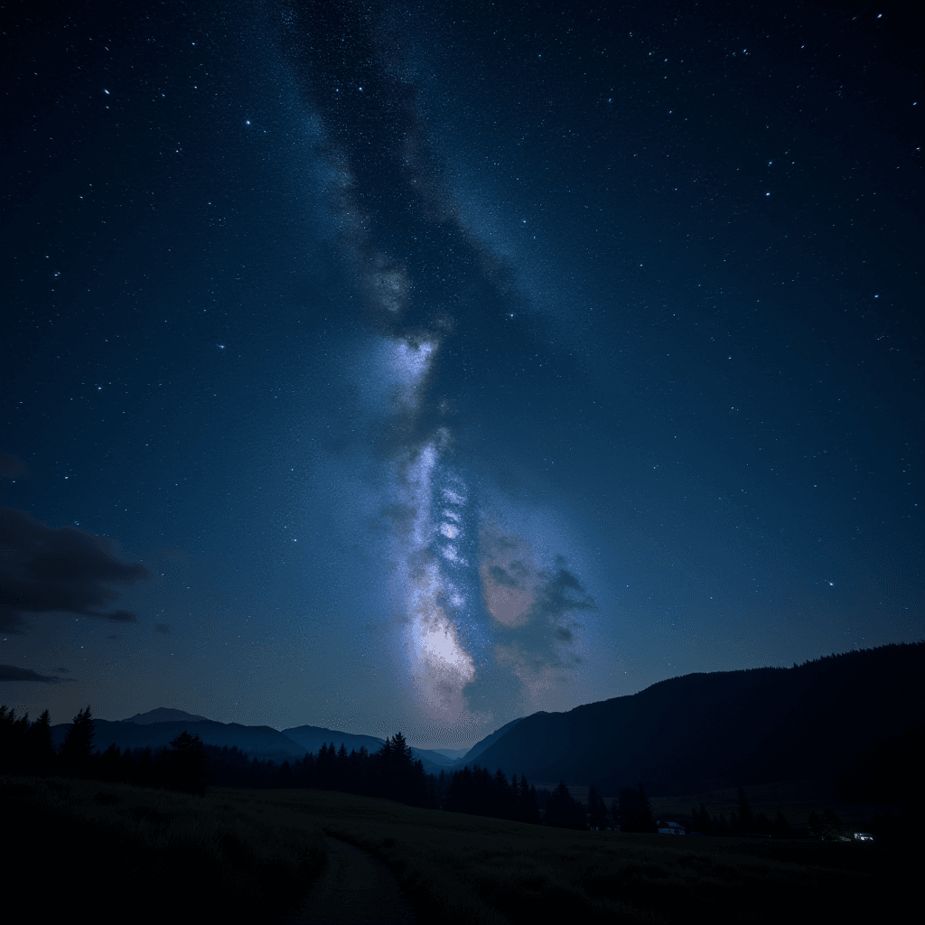 A serene night landscape showcasing the Milky Way galaxy over silhouetted mountains.