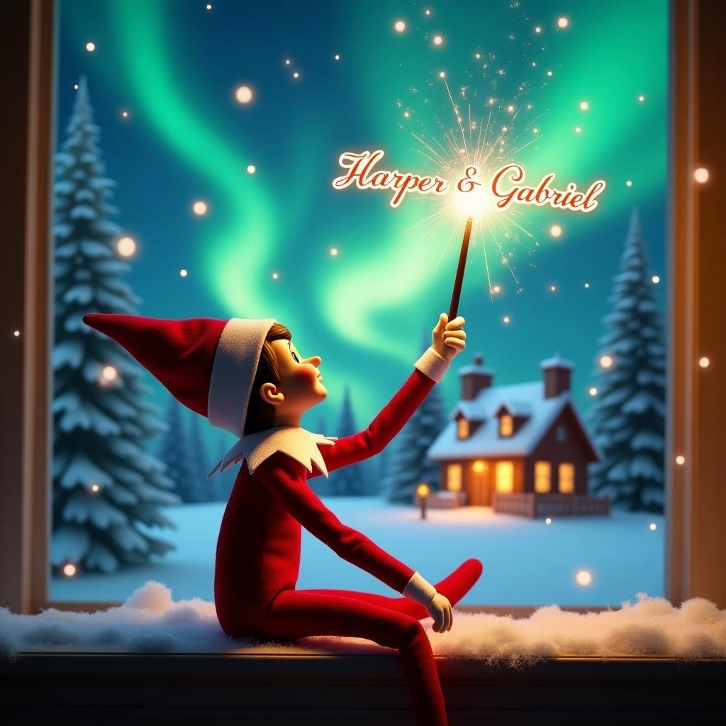 An elf on the shelf gazes upward while holding a glowing wand emitting sparkles. A colorful northern lights sky and a cozy holiday house are in the background. Snow blankets the ground, enhancing the winter scenery. The elf's posture conveys playfulness and wonder. Names Harper & Gabriel appear in the air from the wand's light.