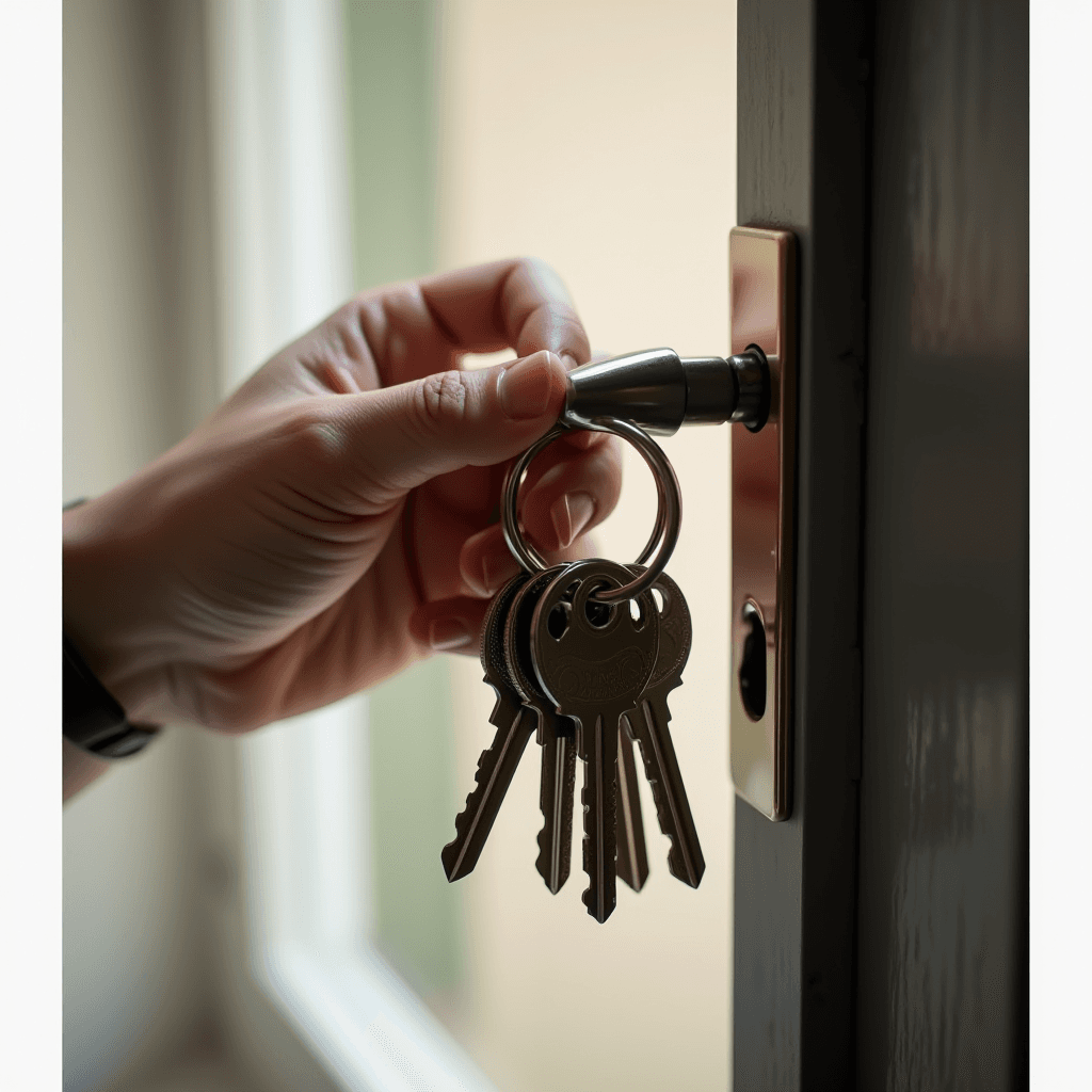 A hand holding keys, unlocking a door.