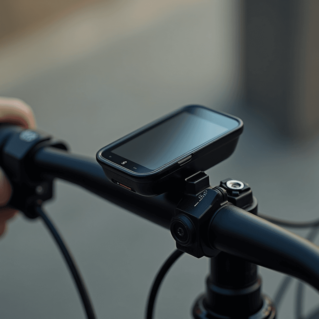 A close-up of a GPS device mounted on a bicycle handlebar.