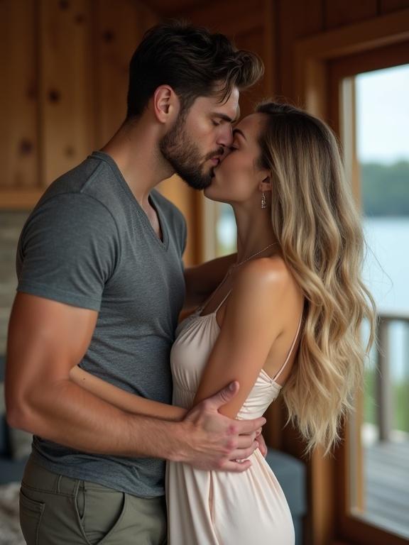 Close-up image of a couple in a lakeside cabin. Man has short dark brown hair wearing fitted grey t-shirt. Woman has long golden blonde hair wearing silky nightgown. They embrace and kiss passionately.