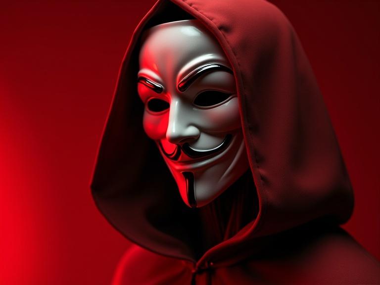 A close-up of a porcelain mask in a red cowl. The mask has a dramatic expression. Strong lighting creates a moody atmosphere. The background is blood red. The image is photorealistic and elegant. Influences include Greg Rutkowski and Hajime Sorayama.