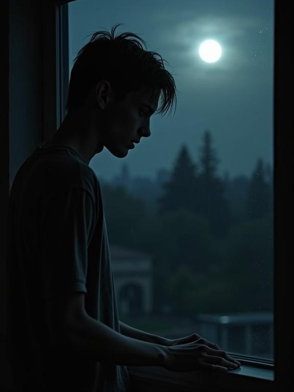 Medium shot of a young man standing by a window at night. Interior is shadowy, light from the moon casts lines on his face. He looks haunted and exhausted, gripping the windowsill tightly. Outside world is dark and faded. Atmosphere is thick with isolation.