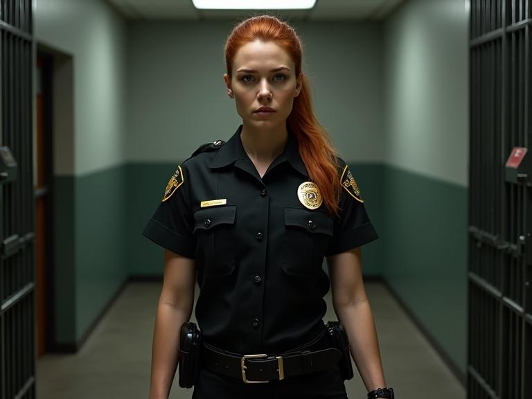 Serious female deputy in black uniform standing inside police station near holding cells. Natural red hair in ponytail. Wearing a modern sheriff's uniform with badge and name tag. Arms crossed or resting by sides. Realistic moody lighting. Professional secure environment with concrete and steel textures. Holding handcuffs.
