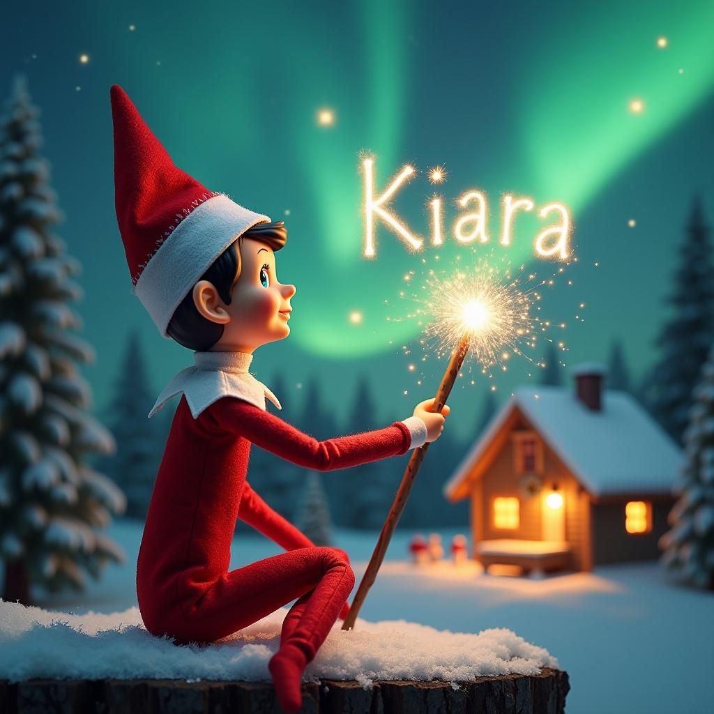 An elf on the shelf sits back to the viewer. The elf gazes skyward, holding a glowing wand. The wand emits sparkling light. The background features a Christmas scene with northern lights. A cozy house is visible in the distance. Snow covers the ground. The elf embodies the magic of Christmas. The name 'Kiara' is written in the air with the wand.