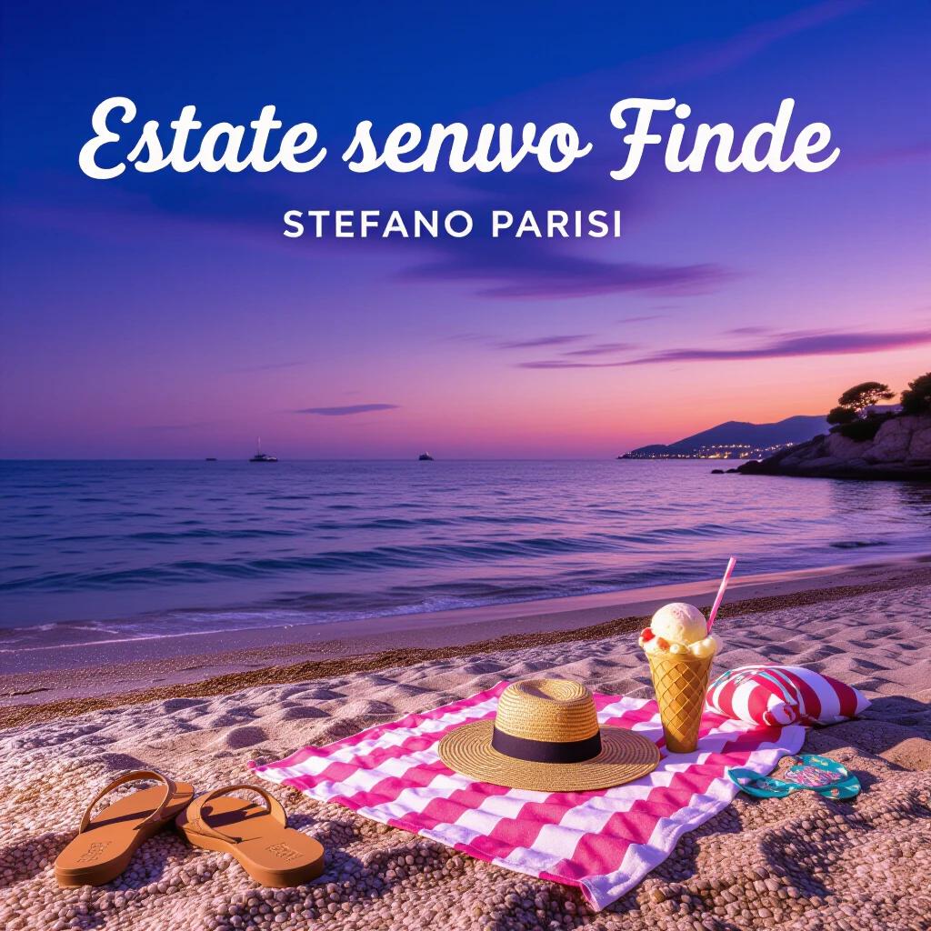 Vibrant and dynamic cover for a summer music album. Italian beach at twilight. Intense purple sky blending with calm sea. Sand glistening under sunset light. Summer items scattered on the sand. Champagne glasses raised in the foreground. Neon lights starting to illuminate. Stylish DJ headphones. Background shows Rimini silhouette and Vesuvius.