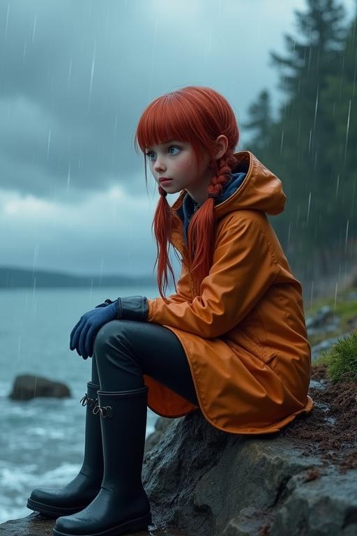 Animated girl with long red hair in waist-length pigtails. Bright blue eyes. Wearing orange hooded mackintosh and black latex trousers. Sitting on a cliff by the sea in rain. Storm clouds in background. Clothes soaked.