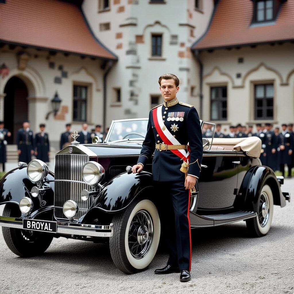 Young king leans on Aero 30 convertible in Peles Castle courtyard. A majestic royal photograph from the 1940s. The king wears a royal uniform adorned with Carol I Order sash. Capture the chrome ornament reflection depicting castle windows. Background showcases blurred royal guard in period-accurate attire. Restoration enhances visual clarity.