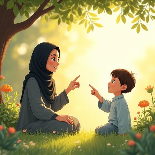 Children's storybook-style illustration of a mother and young son in a peaceful garden. Mother in black hijab and gray abaya smiles while pointing upwards. Son, age 6-8, with short dark brown hair in a light blue shirt, looks up in surprise. Both seated on grass under a tree surrounded by flowers and soft sunlight. Faces are blank with no features. Space near heads for Arabic text.