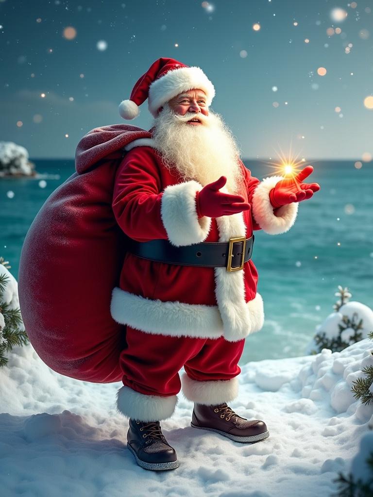 Santa Claus standing in a winter scene by the sea. He is wearing a red suit with white fur trim. He has a large red sack on his back. Magical sparkles are around his hands.