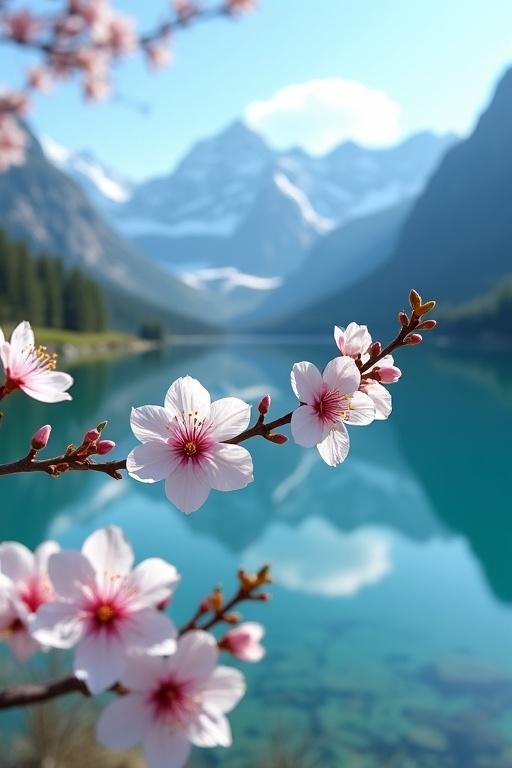 Ultra-realistic landscape of a serene mountain lake in spring. Foreground features a blooming cherry blossom branch with delicate white and soft pink petals. Background shows a still, crystal-clear turquoise lake reflecting the sky and mountains. Snow-capped peaks rise in the distance. Lush green meadows and dark pine forests are visible. Atmosphere is calm and peaceful.