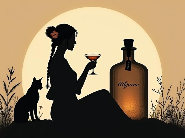 Minimalist silhouette of a modern Venus goddess seated in a moonlit garden. She offers a toast with a cocktail glass. Hair in a loose bun, adorned with a flower. Wearing a flowing blouse and wrap-skirt. Nearby is an apothecary-style bottle labeled 'ALFRUNO' with a golden-red glow. A lynx watches the scene. Composition features bold outlines against a beige background. Inspired by zen art.