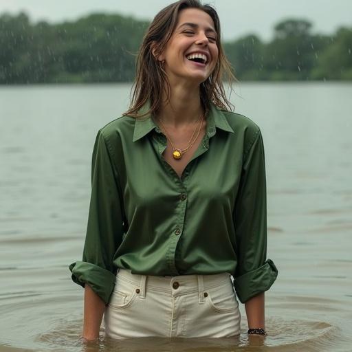 Photography of a woman swimming in a lake. She wears a green satin shirt that is wet and clinging. Underneath is a white satin tight trouser also partially submerged. Rain soaks her completely. She laughs while in water. The image centers on her and the wet clothes.