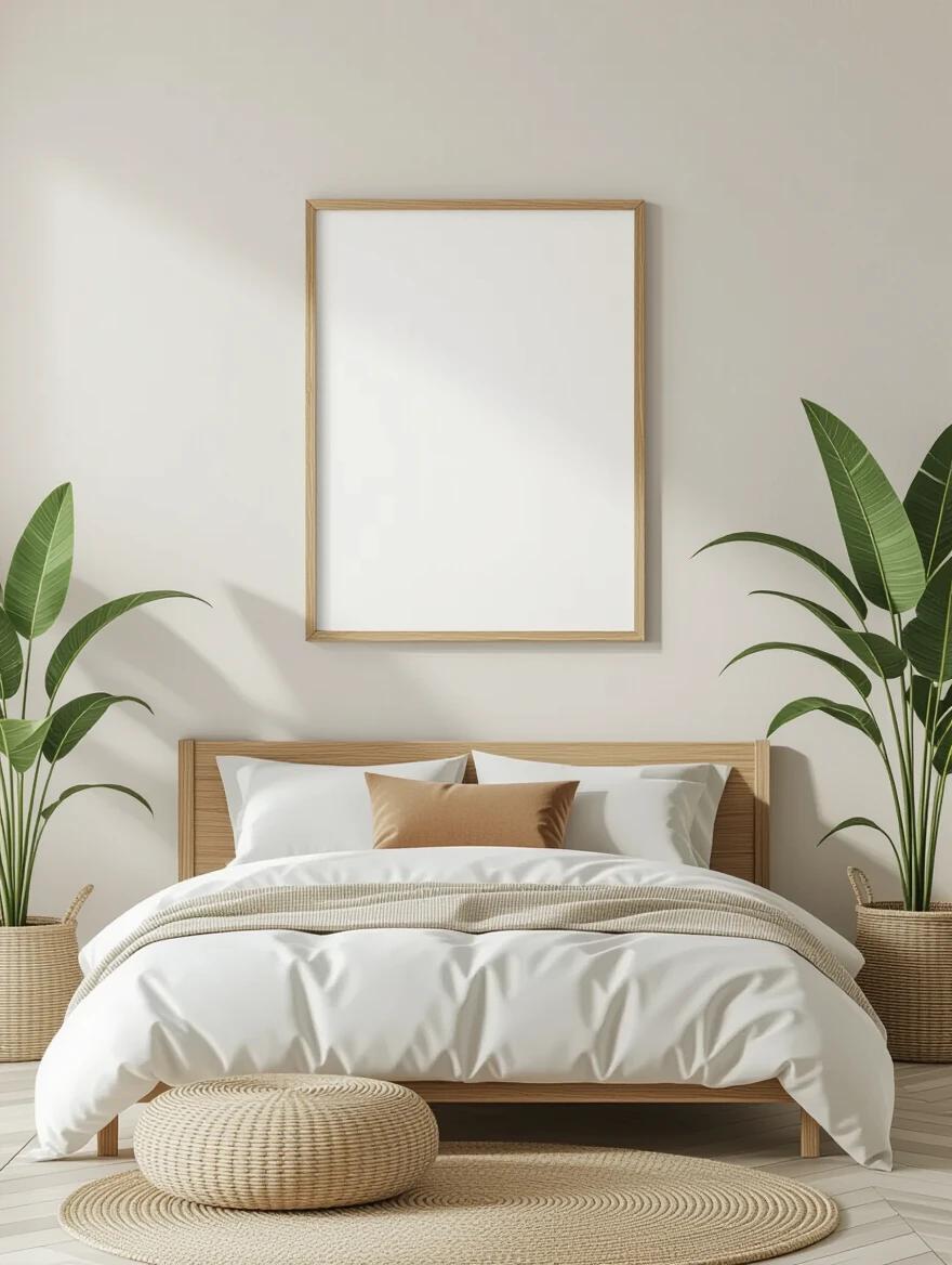 Photorealistic interior scene depicts a wooden picture frame above a bed. Frame content is a flat white surface. Frame is smaller than the bed's headboard. Room features soft daylight. Includes large houseplants and minimalist furniture, creating a zen mood.