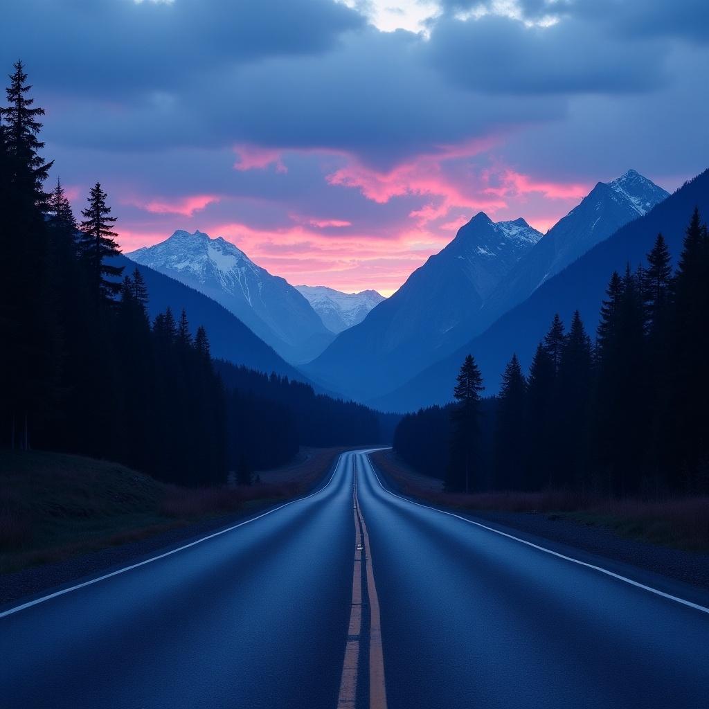 A road surrounded by blue and purple mountains. Evergreens line the road. Greyish dark purple clouds float in the sky. A rich dark blue sky enhances the scene.